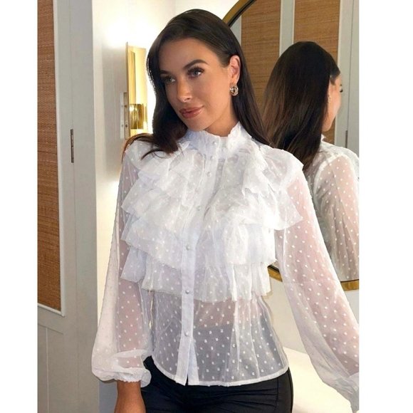 Tops - White Polka Dot Sheer Long Sleeve High Neck Ruffle Blouse Top